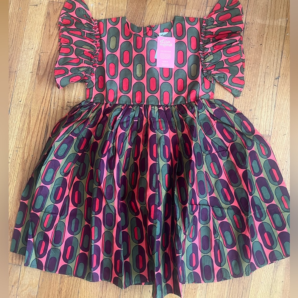 Elisamama size 8 Years Nigerian Green Red Print Ruffle Sleeve NWT Dress African